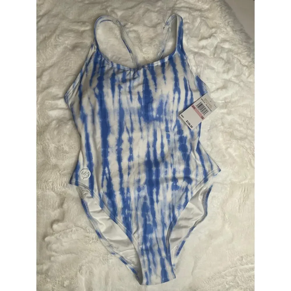 Michael Kors 1pc Blue Striped Swimsuit NWT Size 10 - Picture 4 of 10